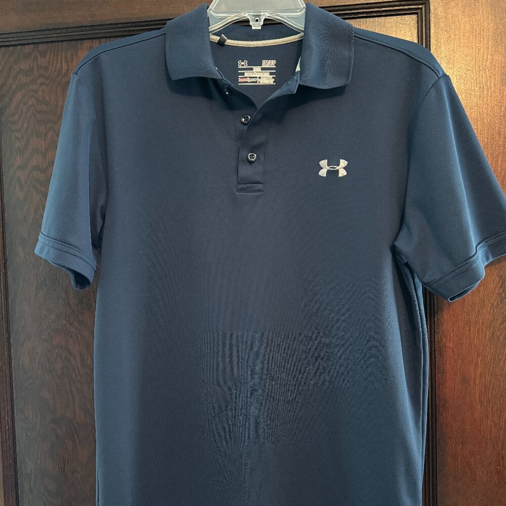 Navy Blue Under Armour Heat Gear Polo with Gray Emblem, size Small